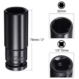 sourcing map 1/2" Drive 22mm 6-Point Deep Sockets 3" Length with 1/2" to 1/4" Hex Shank Adapters Sandblasted 6" Length, CR-V Steel Socket Adapter Accessory Set Kit for Hex Bolts Nuts