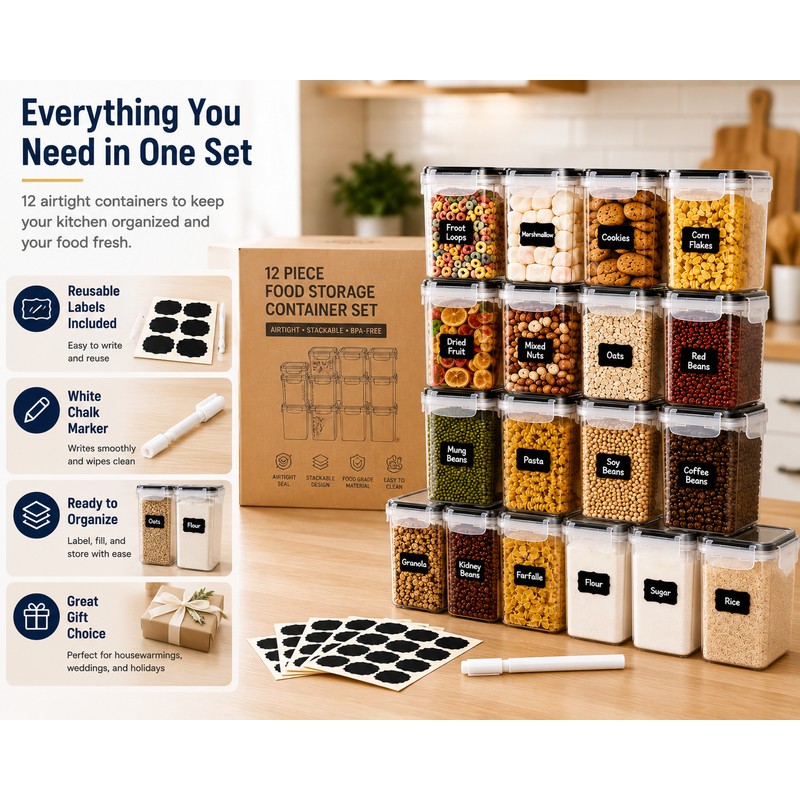 12PCS Food Storage Containers with Lids - Plastic Kitchen Pantry