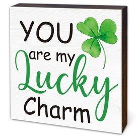 St. Patrick's Day Decorations, Lucky Charm Decor, Irish Gifts for Women, Rustic Green Shamrock Wood Block Sign for Home Party Shelf Table Tiered Tray Decor, 4.7" x 4.7"-A02