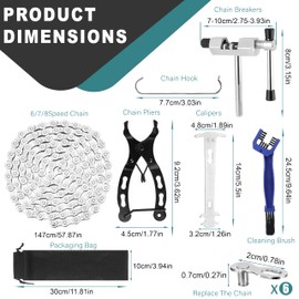 6/7/8 Bicycle Chain Tool Set, 1/2 x 3/32 Inch 116 Links. Includes Chain Breaker, Chain Checker, Chain Lock, Pliers and Brush. Ideal for Mountain Bike and Road Bike Maintenance