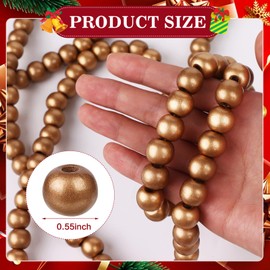28 Feet Christmas Wood Bead Garland Wooden Rustic Farmhouse Beads Garland Wall Hanging for Country Natural Holiday Christmas Tree, Boho Decorations Wall Hanging Prayer Beads (Gold)