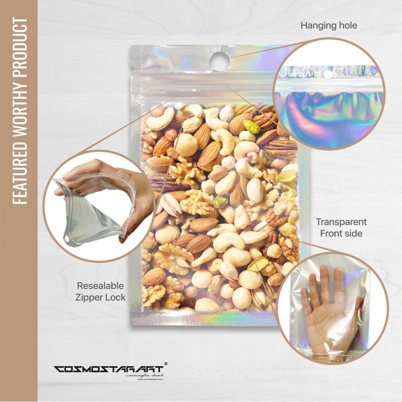 COSMOSTARART 100 Pack Holographic Resealable Bags, Clear Front Mylar Ziplock