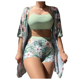 SHENHE Women's Tropical Bikini Set High Waisted Boyshorts 3 Piece Swimsuits with Kimono Cover Up Light Green X-Large