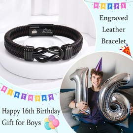 EYQV 16th Birthday Gifts Boys, Engraved Leather Bracelet 16th Birthday Gift for Son Nephew Grandson Brother, Best 16 Year Old Gifts for Boys