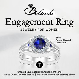 Belinda Jewelz - Gemstone Bridal Engagement Ring, 925 Sterling Silver Rings for Women, Rings for Women with Prong-Set 0.75 Cts 6mm Round Created Blue Sapphire and White Cubic Zirconia Stones, Size 10