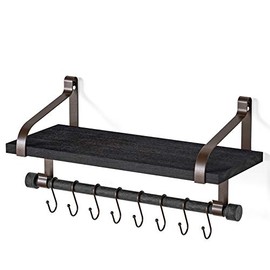 Love-KANKEI Wall Shelf for Storage Rustic Wood Kitchen Spice Rack with Towel Bar and 8 Removable Hooks for Organize Cooking Utensils or Mugs Floating Shelf Weathered Grey