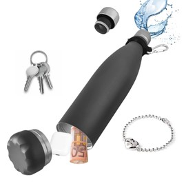 Domemit Stainless Steel Water Bottle with Storage Box for Your Valuables, Beach Safe, Money, Headphones, Jewellery, Travel or Home, Insulated, Leak-Proof, 730 ml, Black