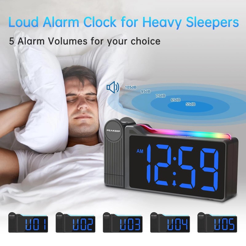 Peakeep Projection Alarm Clock for Bedroom Ceiling Super Loud for