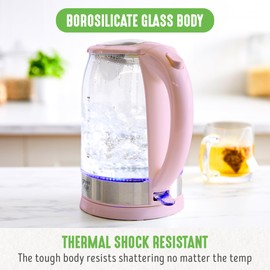 GreenLife 1.7 Liter Glass Electric Kettle, Easy One Touch Use, Quick Heating, Filtered Spout, LED Base, Auto Shut-Off, Cordless Serving, Coffee and Tea, Pink