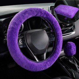 Mihecor Furry Car Steering Wheel Cover with Fluffy Gear Shift Cover and Center Console Cover, Soft Warm Plush Non-Slip, 14 1/2-15 inch, for Women Girls 3 PCS Set, Purple