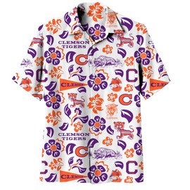 Wes and Willy Mens Sports Fan College Vault Floral Button Up Hawaiian Shirt (Clemson Tigers, 3XL) White