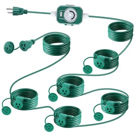 Feekoon Outdoor Extension Cord with Outlet Timer, Evenly Spaced 6 Outlets Plugs, Christmas Waterproof Green Extension Cord with Multiple sockets for Outside Holiday Xmas Lights(50 Ft)