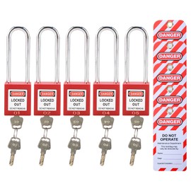 RealPlus Lockout Tagout Locks Set - 5 Red Lockout Locks Keyed Different with 5 Lock Out Tag Out Tags, Safety Padlocks Loto Locks with Longer Shackle, 2 Keys Per Lock