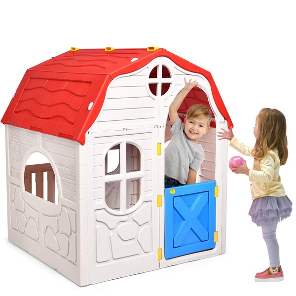 Costzon Kids Foldable Playhouse, Portable Game Cottage with Windows, Door, Realistic Home and Garden Play House, Gift for Toddler Boys Girls Indoor Outdoor