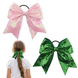 2Pcs Pink Green Bows Hair Scrunchies for Women,8 inches Dovetail Sequins Ribbon Bow Hair Elastics & Ties Band Bows Accessories Pink Bow Scrunchies Ropes Ponytail Holders for Toddlers Little Girls
