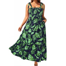 Women Plus Size Maxi Sundress Tropical Summer Hawaiian Casual Pocket Sleeveless Ruched Beach Vacation Tiered Long Dress