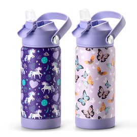 Choco Mocha Kids Water Bottle For School, Kids Insulated Water Bottle Stainless Steel, Girls Water Bottle 14Oz 2 Packs,Butterfly & Unicorn