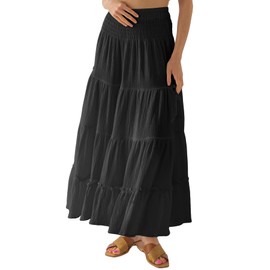 Amazhiyu Womens Maxi Skirt, Summer Maxi Boho Skirt Pleated A Line Skirts, Flowy Renaissance Skirt with Pockets Elasticated Waist Black Medium