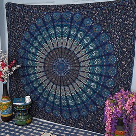 Furnishful Finesse Mandala Peacock Tapestry Boho Wall Hanging Tapestries Indian Wall Cloth Tapestry for Living Room Bedroom and Home Decor- Navy Blue, 84X90 Inches