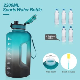 GEMFUL 2.2 Liter Big Water Bottle with Time Marker 74 oz Half Gallon Water Jug Leak Proof Motivational Sport Gym Bottle with Handle Bouteille Deau BPA Free for Men Women Workout Outdoor