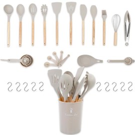 16 Pc Silicone Cooking Kitchen Utensils Set - Silicone Wooden Handle Kitchen Cookware Set with Spatula, Tongs, Measuring Cups, Spatula, Spoon, More | Grey Nonstick Cookware