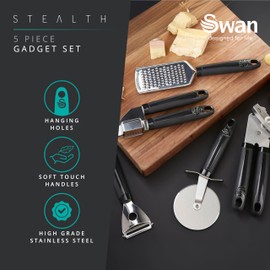 Swan SWKA61012BLKN Stealth 5 Piece Stainless Steel Gadget Set, Pizza Cutter, Y Peeler, Garlic Press, Can Opener, Grater, Soft Touch Handles, Hanging Holes, Black & Stainless Steel