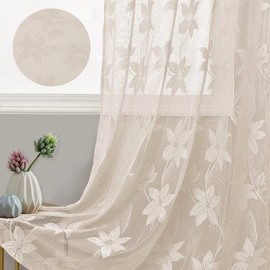DWCN Elegant Sheer Curtains Floral Lace Curtains Rod Pocket Window Curtains Drapes for Bedroom, Each W132 x D213 cm, Set of 2 Panels, Beige