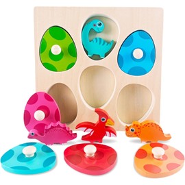 Guopai Dinosaur Peg Puzzles Wooden Toys for 1 2 3 Year Old Boys Girls | Montessori Educational Learning Toys with Dinosaur Eggs, Baby Sensory Toys & Christmas Birthday Gifts (A)