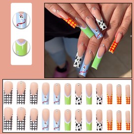 BQZQPAMZ Colorful Square Long Fake Nails French Tip Press On Nails Extra Long False Nails With Cute Pattern Design Full Coverage Acrylic Nail for Women DIY Holiday Manicure Decoration-24pcs