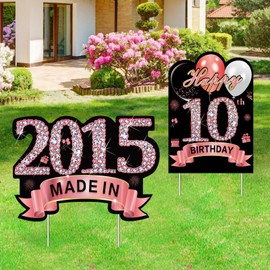 Puyruiv 2Pcs Rose Gold 10th Birthday Yard Sign Decoration for Girl,Happy 10th Birthday Made in 2015 Lawn Sign Party Supplies, 10 Year Old Birthday Yard Decor with Stakes