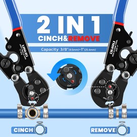 OURU 2 IN 1 Ratchet Pex Crimping Tool Cinch and Remove Combo Function Pex Pipe Crimp Tool from 3/8" to 1" Pex Crimper with Pex Cutter and Stainless Steel Pex Clamps 1/2" 25PCS,3/4" 10PCS