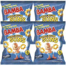 Osem Bamba Peanut Butter Suns Snacks for the Whole Family - All Natural Peanut Butter Corn Puffs Snacks (4 pack - 4oz Bags) - Made with 4 Simple Ingredients