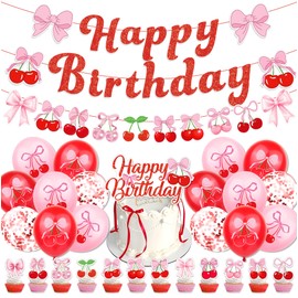 31 Pcs Happy Birthday Banner Cherry Banner Cherry Garland Summer Fruit Theme Berry Party Birthday Party Decoration