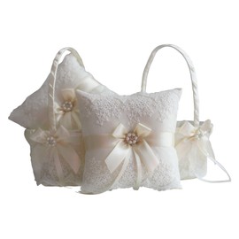 Alex Emotions Ivory Flower Girl Basket and Ring Bearer Pillow Set - Ivory Wedding Basket Pillow Set, Lace Ring Pillow, Lace Ring Holder, Lace Ring Pillow
