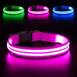 BSEEN Light Up Dog Collar - Rechargeable LED Dog Collar Glow in The Dark Dog Camping Essenstials Reflective Dog Collar Lights for Night Walking (Pink, Medium)