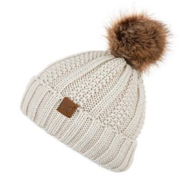 C.C Exclusives Fuzzy Lined Knit Fur Pom Beanie Hat (YJ-820) (Beige)