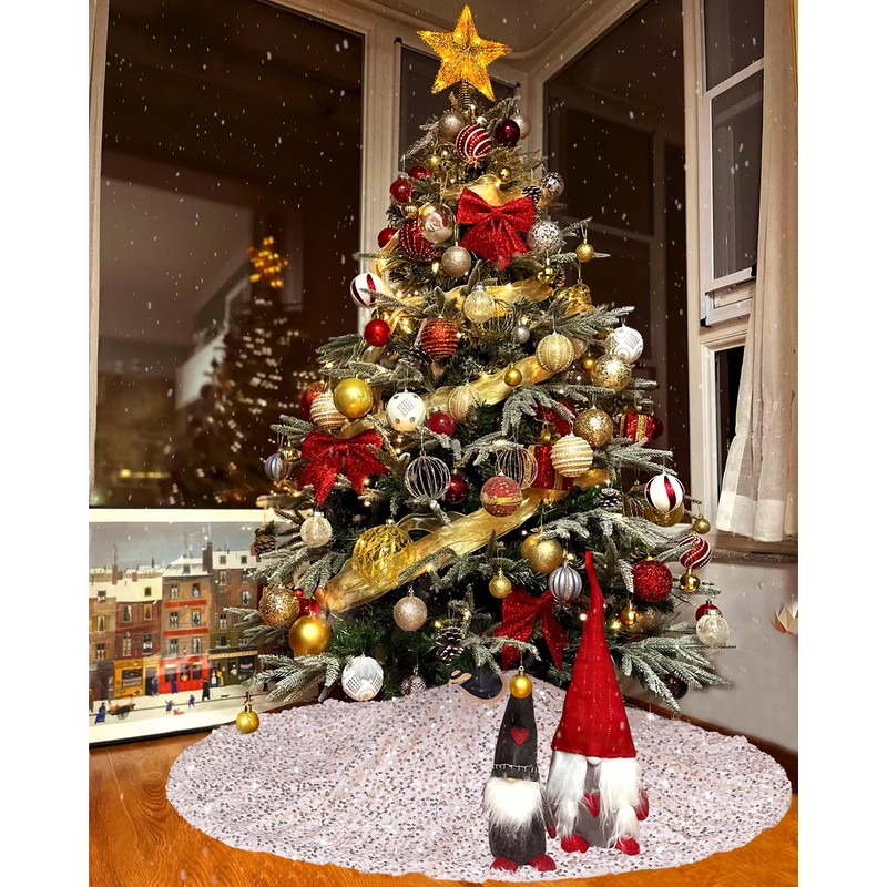 B-COOL 48 Inch Christmas Tree Skirt Sequin Tree Skirts Embroidered