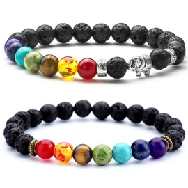 Hamoery Men Women 8mm Lava Rock Beads Bracelet Elastic Natural Stone Chakra Yoga Bracelet Bangle (Lava & Elephant)