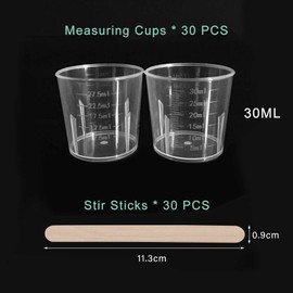 WANDIC 30ml Measuring Cups, 30 Packs Clear Plastic Mixing Cups With 30 Packs Wooden Stirring Sticks Graduated Plastic Cups For Mixing Paints, Epoxy, Resin