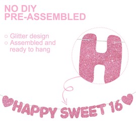 RICHHHA Glitter Pink Happy Sweet 16 Banner,NO DIY,Sixteenth Birthday Party Decorations Pre-Strung 16th Party Sign Garland Bachelorette Party Supplies
