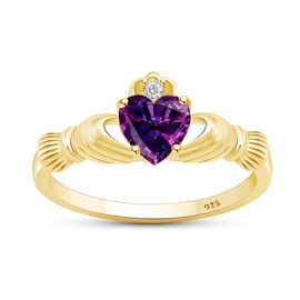 Jewel Zone US Heart Cut Simulated Amethyst & Cubic Zirconia Claddagh Ring In 14k Yellow Gold Over Sterling Silver Jewelry Gift For Her Ring Size-9