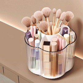 Clear Multi-grid Makeup Brush Storage Organizer for Vanity, Rotatable Cosmetic Organizer, Makeup Organizer, Vanity Desk Portable Toiletries Storage Box for Home Dormitory,  Household Items:_Cloud White_one-size