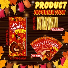 Zhanmai 100 Pcs Thanksgiving Fall Cellophane Bags Maple Leaves Goodie Treat Bags Autumn Pumpkin Candy Bags with 150 Gold Twist Ties for Thanksgiving Fall Party Supplies Gift Wrapping (Classic Style)