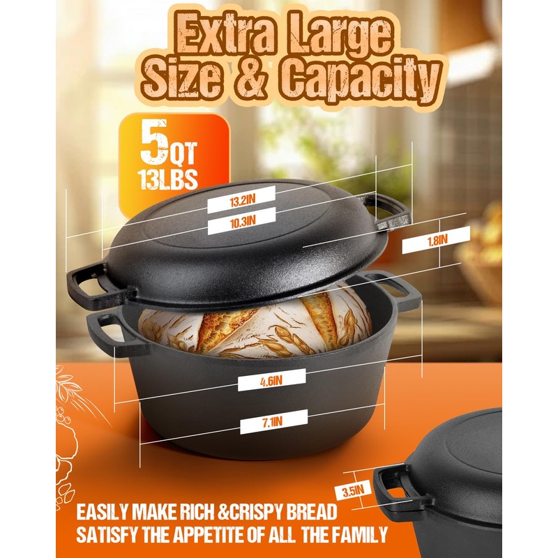 Cast Iron Dutch Oven for Sourdough Bread Baking, Pre-Seasoned 5QT