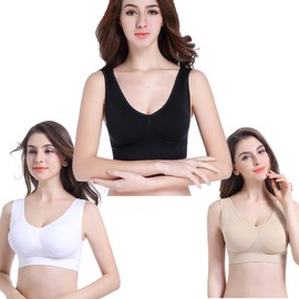 PRETTYWELL - Sujetadores de dormir para mujer, cómodo, sin costuras, elástico, sin costuras, paquete de 3 brasieres de yoga, con almohadillas para orejas extraíbles, Negro/ blanco/ piel, M