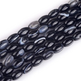 JOE FOREMAN 6x9mm Natural Black Agate Botswana Oval Rice Onyx Semi Precious Stone Beads for Jewelry Making Strand 15"