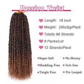 Leeven 8 Packs Passion Twist Crochet Hair With Curly Ends 18 Inch Long Bohemian Hair for Passion Twist Ombre Pre-Twisted Passion Twists Braiding Hair 12 Strands/pack T30#