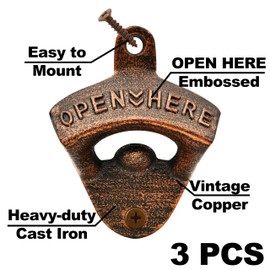 HAIICEN Vintage Copper Bottle Opener Wall Mounted Cast Iron Beer Set Ideal for Men Women (3 PCS)