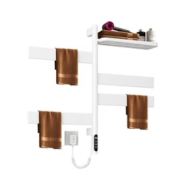 KUKKUME Swivel Heated Towel Rack Electric Towel Warmer with Tray 4 Square Bars Towel Warmer 115—155℉ with 1H-9H Hour Timer，LED Indicator for Home Bathroom, Salons and Spas (White-1)