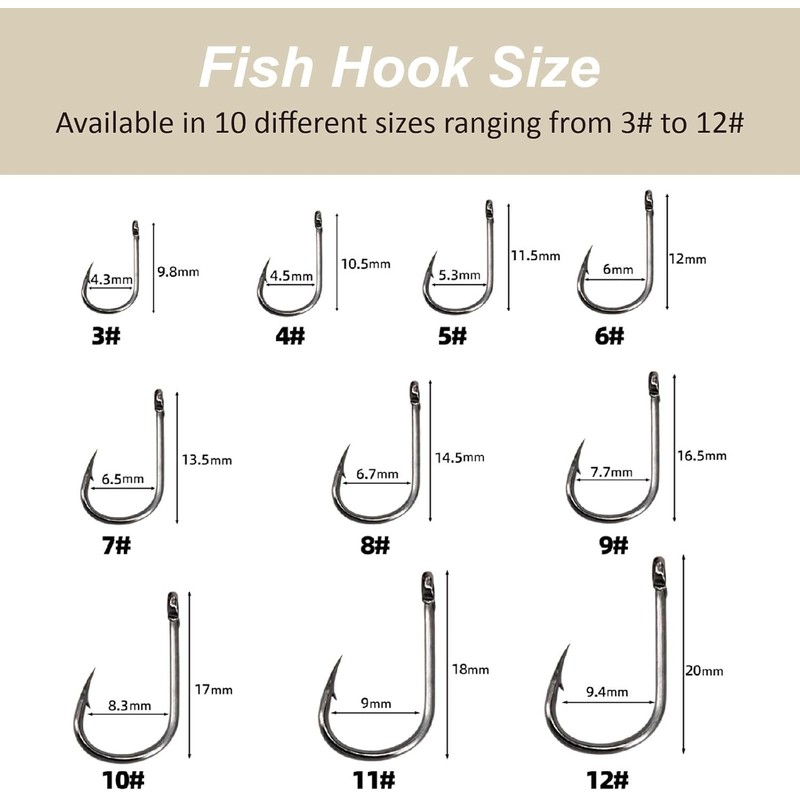 HENWUBEI 200PCS Premium Fishing Hooks, 10 Sizes Carbon Steel Fishing